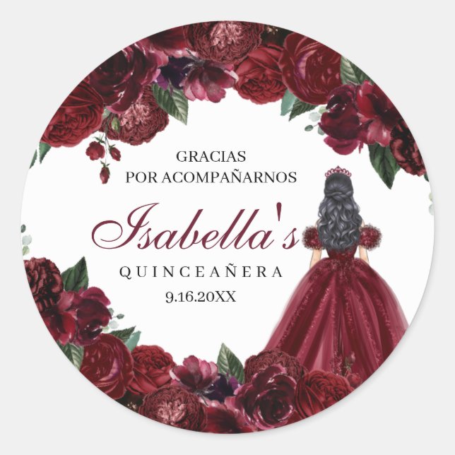 Adesivo Redondo Burgundy Floral Quinceanera Round Stickers (Frente)