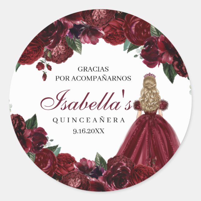 Adesivo Redondo Burgundy Floral Quinceanera Round Stickers (Frente)