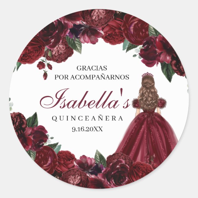 Adesivo Redondo Burgundy Floral Quinceanera Round Stickers (Frente)