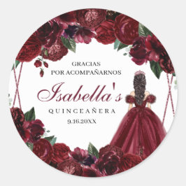 Adesivo Redondo Burgundy Floral Quinceanera Round Stickers