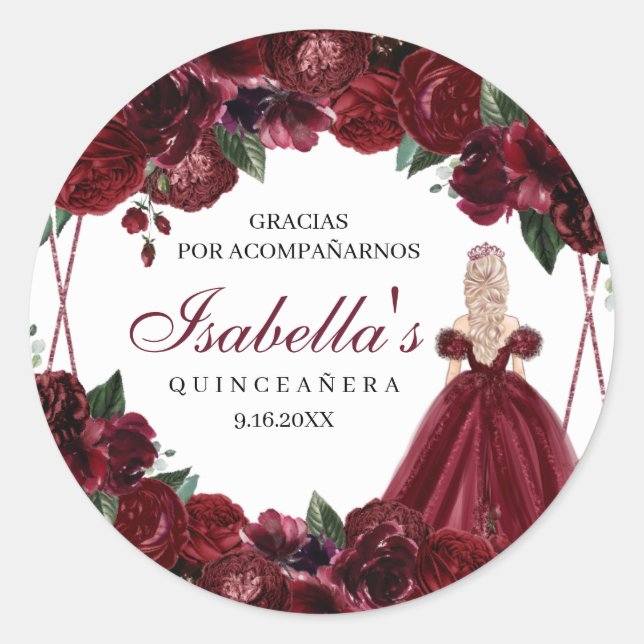 Adesivo Redondo Burgundy Floral Quinceanera Round Stickers (Frente)