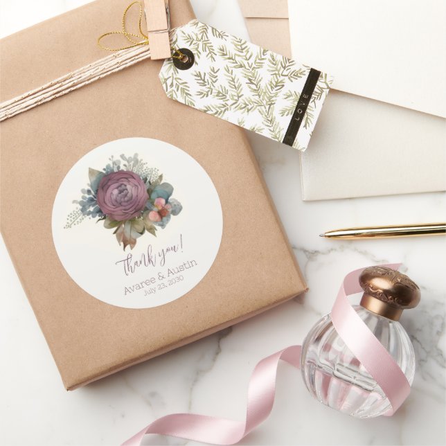 Adesivo Redondo Burgundy Floral Weding Obrigado (Presentear)