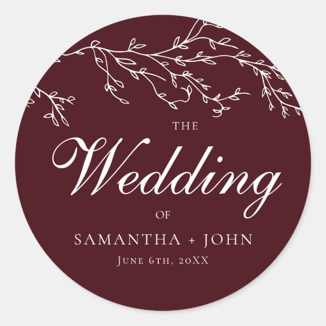 Adesivo Redondo Burgundy & Ivory Botanical Elegant Wedding (Frente)