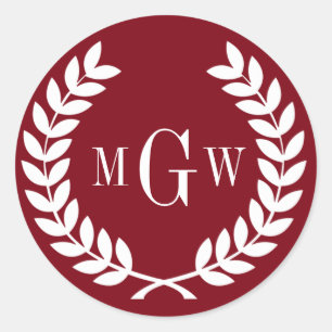 Adesivo Redondo Burgundy Laurel Wreath Monograma Env Seal
