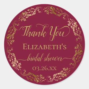 Adesivo Redondo Burgundy Maroon Gold Renda Bridal Shower Agradecim