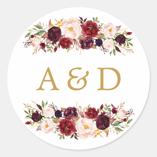 Adesivo Redondo Burgundy Marsala Floral Weding Favor Sticker (Frente)