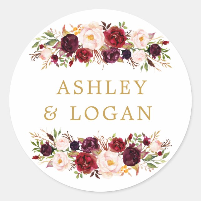 Adesivo Redondo Burgundy Marsala Floral Weding Favor Sticker (Frente)