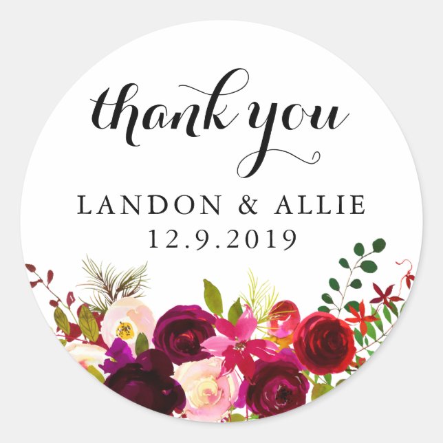 Adesivo Redondo Burgundy Obrigado | Vinheta (Frente)