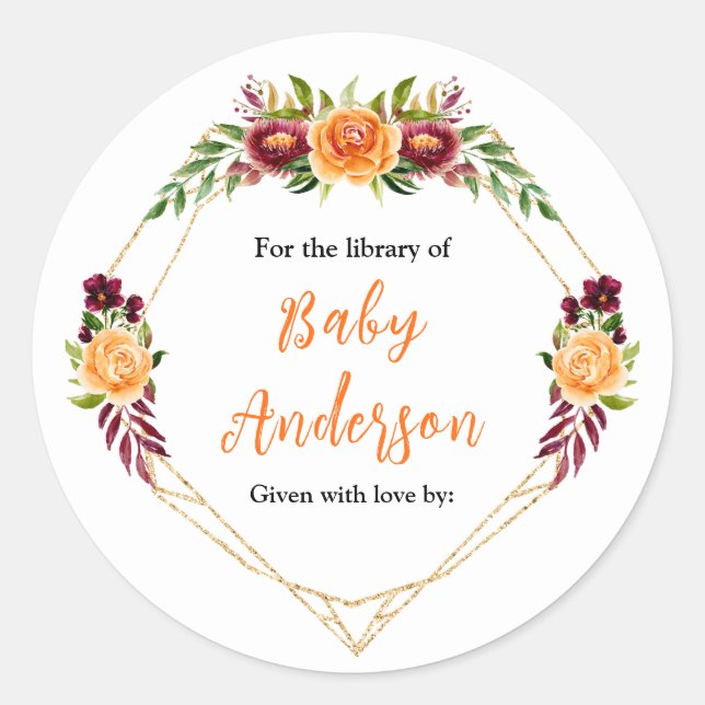 Adesivo Redondo Burgundy Orange Floral Baby Shower Bookplate (Frente)
