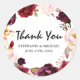 Adesivo Redondo Burgundy Red Floral Boho Obrigado