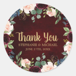 Adesivo Redondo Burgundy Red Marinho Floral Boho Obrigado