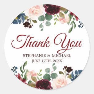 Adesivo Redondo Burgundy Red Marinho Floral Boho Obrigado