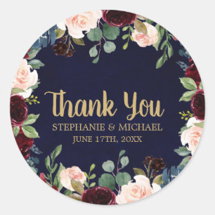 Adesivo Redondo Burgundy Red Marinho Floral Boho Obrigado