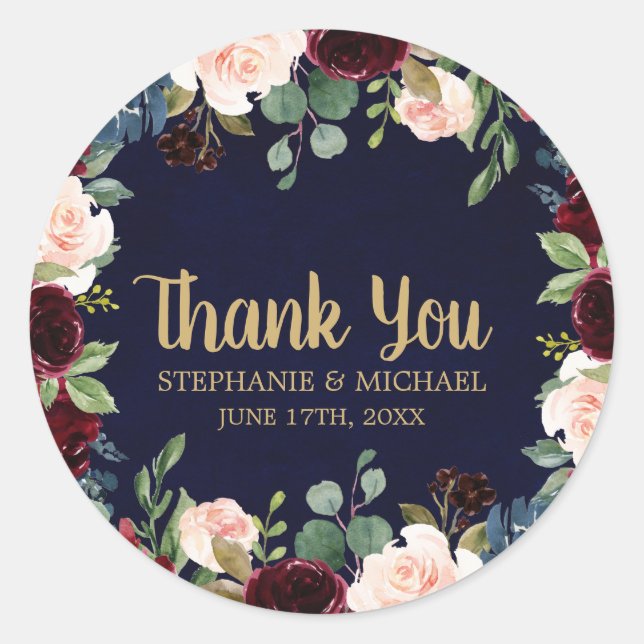 Adesivo Redondo Burgundy Red Marinho Floral Boho Obrigado (Frente)