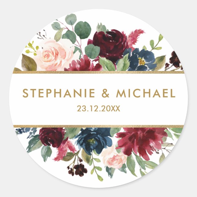 Adesivo Redondo Burgundy Red Marinho Floral Boho Obrigado (Frente)