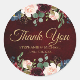 Adesivo Redondo Burgundy Red Marinho Floral Boho Obrigado