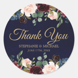 Adesivo Redondo Burgundy Red Marinho Floral Boho Obrigado