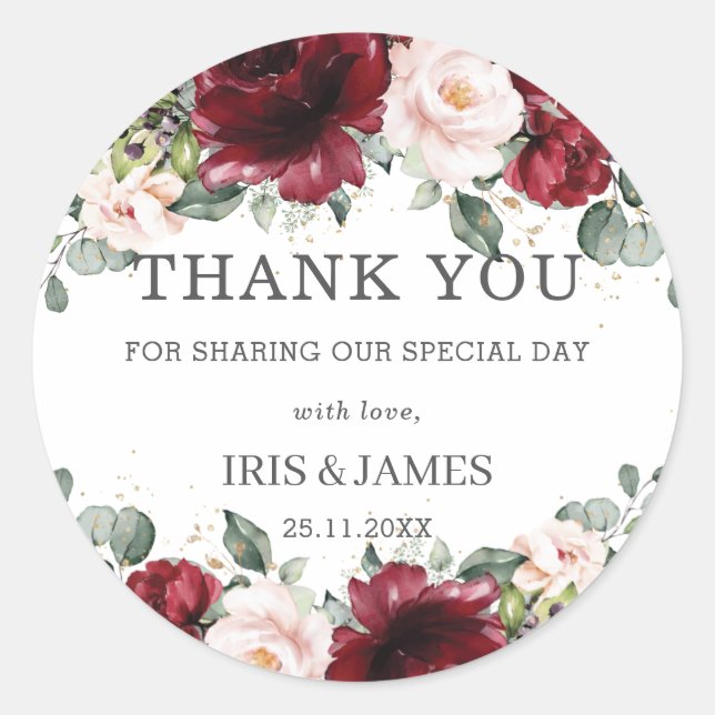Adesivo Redondo Burgundy Rosa Floral Casamento Chá de Bebê Anivers (Frente)