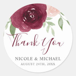 Adesivo Redondo Burgundy Watercolor Floral Weding Favor Obrigado