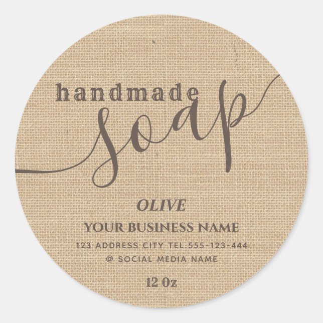 Adesivo Redondo Burlap de sabão artesanal com script moderno minim (Frente)