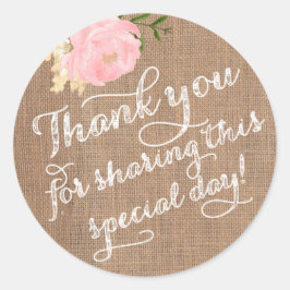 Adesivo Redondo Burlap Obrigado Stickers, Shabby Obrigado favores