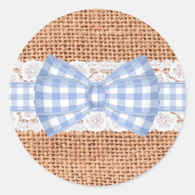 Adesivo Redondo Burlap Rustic com Blue Gingham Weding (Frente)