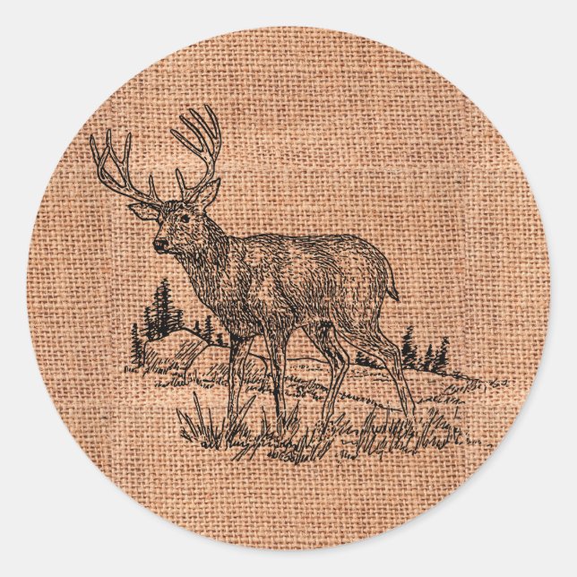 Adesivo Redondo Burlap Rustic E Deer Illustration (Frente)