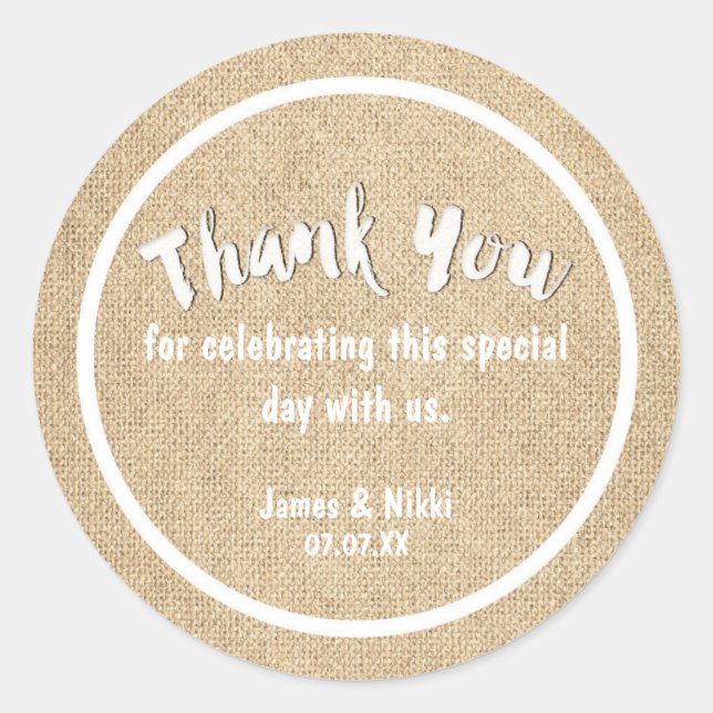 Adesivo Redondo Burlap White, OBRIGADO VOCÊ, Viciado Em Casamento  (Frente)