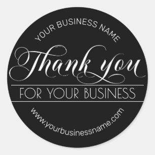 Adesivo Redondo Business Black White Script Calligrafia Obrigado