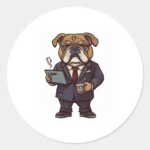 Adesivo Redondo Business Buldogue - Engraçado Cachorro Escritório