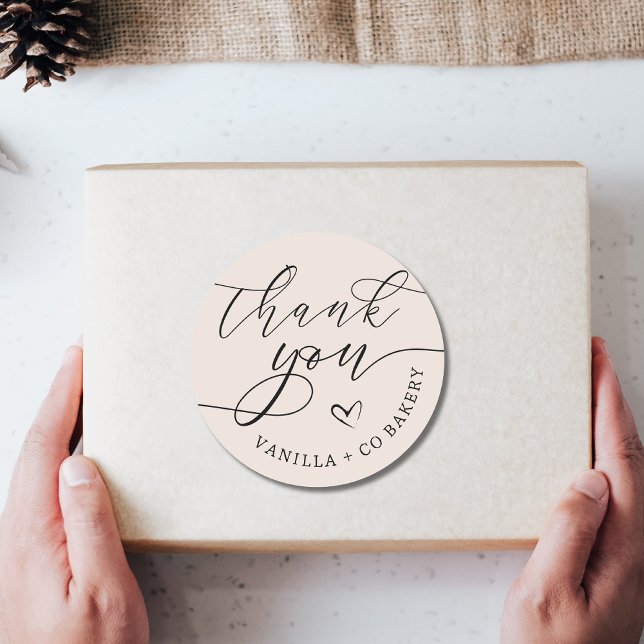 Adesivo Redondo Business Obrigado Script Heart | Creme (Criador carregado)