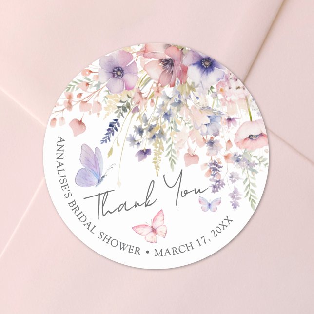 Adesivo Redondo Butterfly Chá de panela Wildflower Obrigado (Butterfly Wildflower Bridal Shower Thank You Classic Round Sticker)