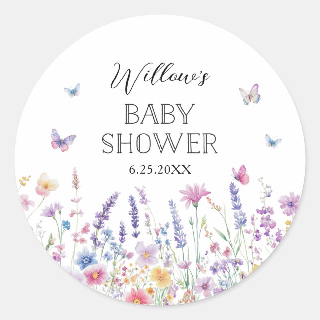 Adesivo Redondo Butterfly Garden Baby Shower Favor Stickers (Frente)