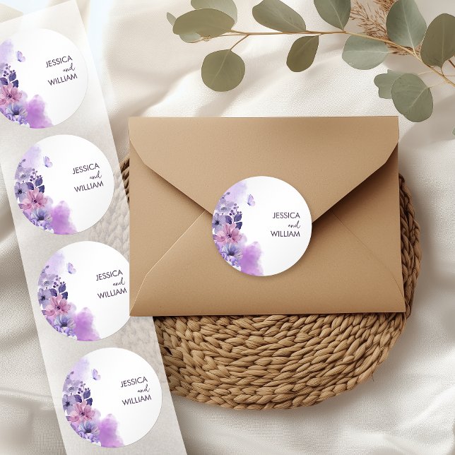 Adesivo Redondo Butterfly Purple Wedding Monogram Sticker (Criador carregado)