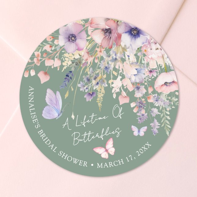 Adesivo Redondo Butterfly Wildflower Bridal Shower (Butterfly Wildflower Bridal Shower Classic Round Sticker )