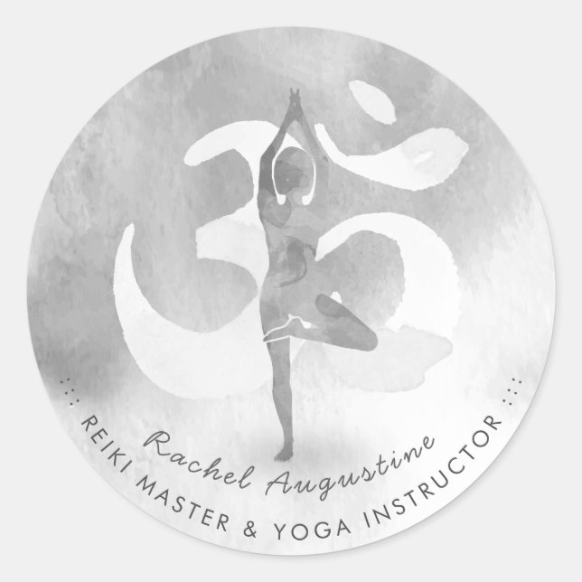 Adesivo Redondo BW Yoga Instrutor Meditação Pose Om Endereço Sinal (Frente)