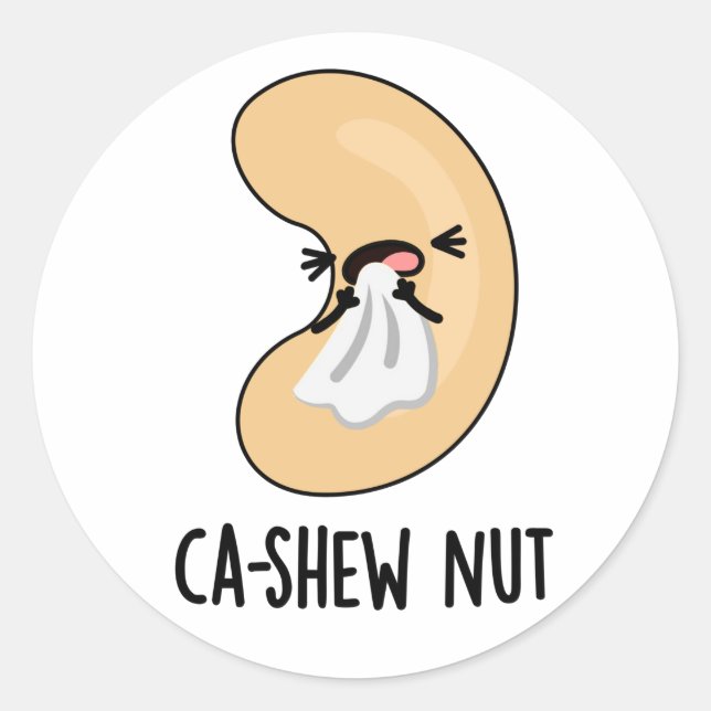 Adesivo Redondo Ca-shew Engraçado Espirrando Cashew Nut Pun (Frente)
