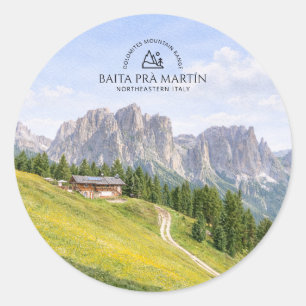 Adesivo Redondo Cabana Alpina nos Dolomitas Aquarela Paisagem Natu