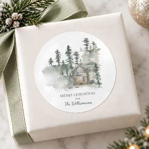 Adesivo Redondo Cabana Rústica Floresta Verde Natal Personalizado