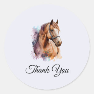 Adesivo Redondo Cabeça de Cavalo Marrom em Aquarela Obrigado