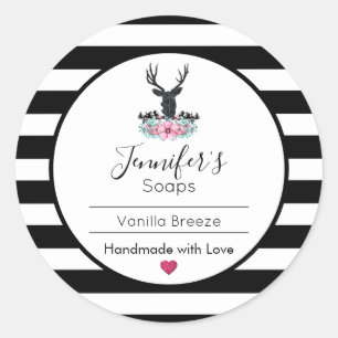 Adesivo Redondo Cabeça de cervo com Flores e Montanhas Rosa Sabão/