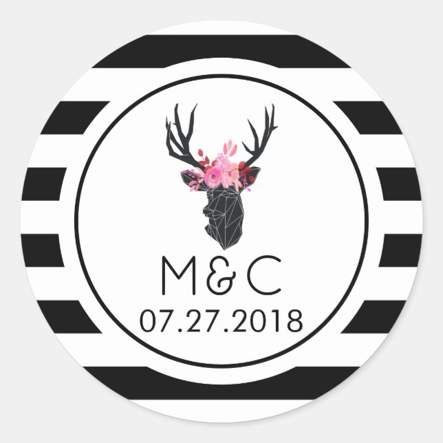Adesivo Redondo Cabeça de cervo geométrico nas faixas B&W (Frente)