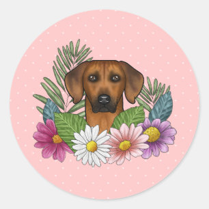 Adesivo Redondo Cabeça de Rhodesian Ridgeback Flores Coloridas em 