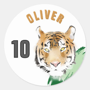 Adesivo Redondo Cabeça de Tigre Aquarela Nome Aniversário
