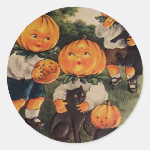 Adesivo Redondo Cabeças de Abóbora (Cartão Vintage de Halloween)