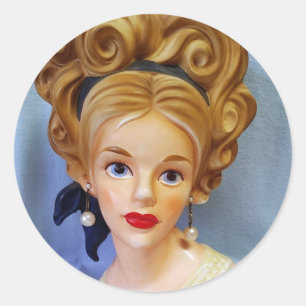 Adesivo Redondo Cabelo Bouffant Lady Head Vase Big Blue Eyes