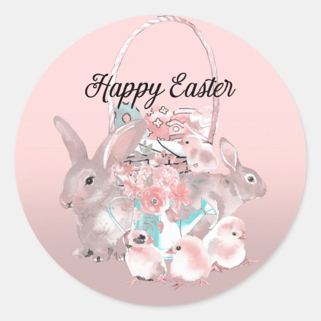 Adesivo Redondo Caça ao Ovo de Páscoa Marrom Rosa Festa de Anivers (Frente)