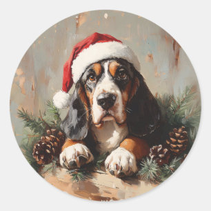 Adesivo Redondo Caça-Basset numa Pintura a Óleo de Santa Hat
