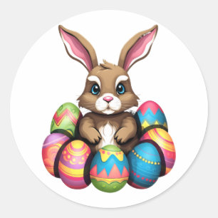 Adesivo Redondo Caça de Ovos Coloridos de Coelho da Páscoa