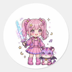 Adesivo Redondo Caçadora de Demônios Kawaii Rosa Fofa com Espada M
